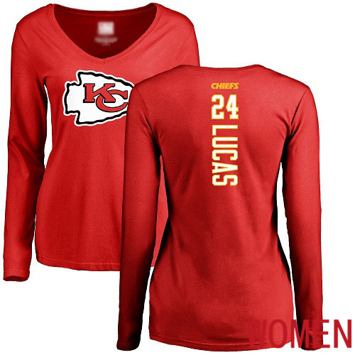 Women Football Kansas City Chiefs #24 Lucas Jordan Red Backer Slim Fit Long Sleeve T-Shirt->nfl t-shirts->Sports Accessory